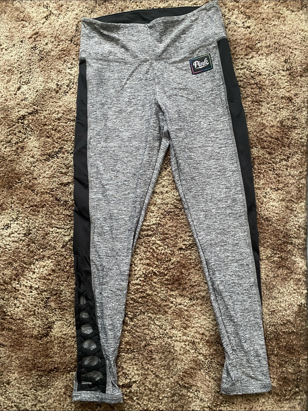 PINK Victoria's Secret Grey Leggings with Black Side Panels and Mesh Insets